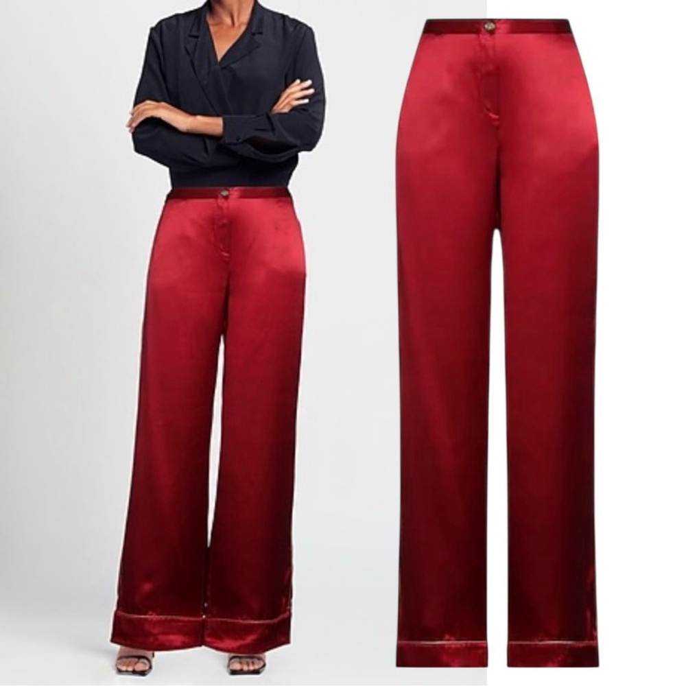 Roberto Cavalli Silk Burgundy Red Gold Luxury Wide Leg Pull On Trousers Sz Small